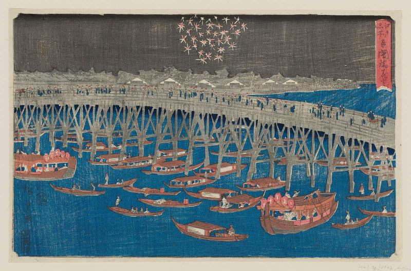 Fireworks at Ryôgoku Bridge (Ryôgoku-bashi hanabi)), from the series Famous Places in Edo (Edo meisho)