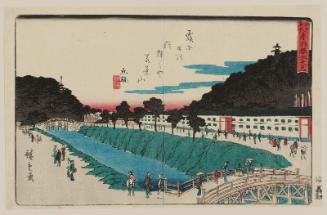 Akabane Bridge and Suiten Shrine (Akabane Suitengû), from the series Famous Places in Edo (Edo meisho)
