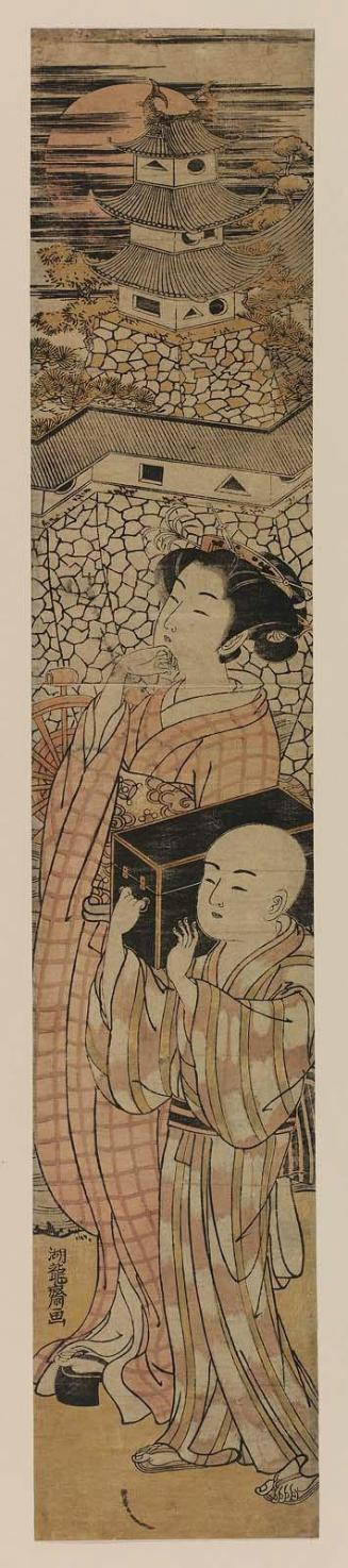 Young Woman and Small Boy Walking by a Castle