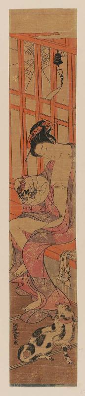 After the Bath: Woman Fanning Herself and Dog Scratching