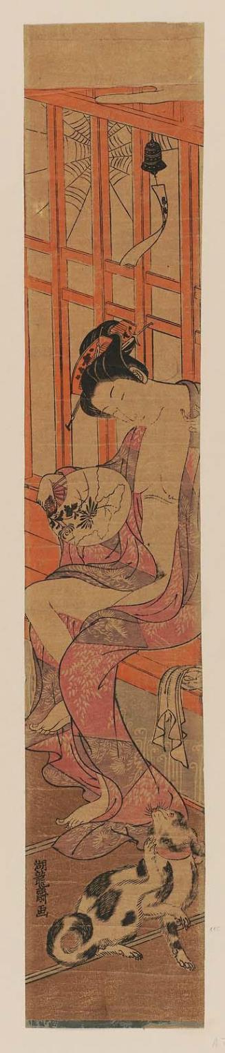 After the Bath: Woman Fanning Herself and Dog Scratching