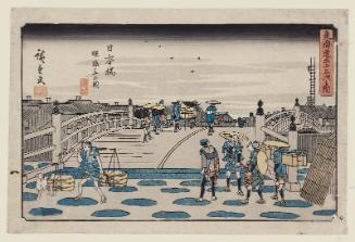 Nihonbashi: Setting Out at Dawn (Nihonbashi, Akebono tabidachi no zu), from the series The Fifty-three Stations of the Tôkaidô Road (Tôkaidô gojûsan tsugi no uchi), also known as the Gyôsho Tôkaidô