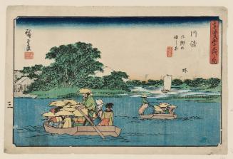 Kawasaki: Ferry Boats at the Rokugô Crossing (Kawasaki, Rokugô no watashibune), from the series The Fifty-three Stations of the Tôkaidô Road (Tôkaidô gojûsan tsugi no uchi), also known as the Gyôsho Tôkaidô