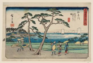 Kanagawa: View of the Bluff from Asamashita (Kanagawa Asamashita yori dai o miru zu), from the series The Fifty-three Stations of the Tôkaidô Road (Tôkaidô gojûsan tsugi no uchi), also known as the Gyôsho Tôkaidô