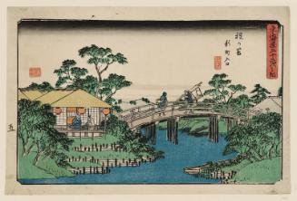 Hodogaya: Entrance to Shinmachi (Hodogaya, Shinmachi iriguchi), from the series The Fifty-three Stations of the Tôkaidô Road (Tôkaidô gojûsan tsugi no uchi), also known as the Gyôsho Tôkaidô