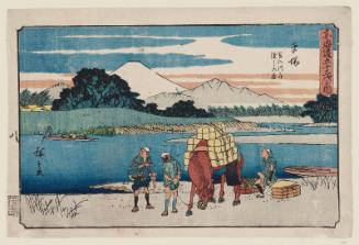 Hiratsuka: Ferry on the Ba'nyû River (Hiratsuka, Ba'nyû-gawa funewatashi no zu), from the series The Fifty-three Stations of the Tôkaidô Road (Tôkaidô gojûsan tsugi no uchi), also known as the Gyôsho Tôkaidô