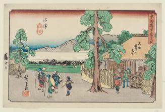 Numazu: Making the Famous Dried Fish (Numazu, meibutsu katsuobushi o seisu), from the series The Fifty-three Stations of the Tôkaidô Road (Tôkaidô gojûsan tsugi no uchi), also known as the Gyôsho Tôkaidô