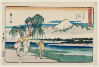 Kanbara: View of the Fuji River from Iwafuchi (Kanbara, Iwafuchi yori Fujikawa o miru zu), from the series The Fifty-three Stations of the Tôkaidô Road (Tôkaidô gojûsan tsugi no uchi), also known as the Gyôsho Tôkaidô