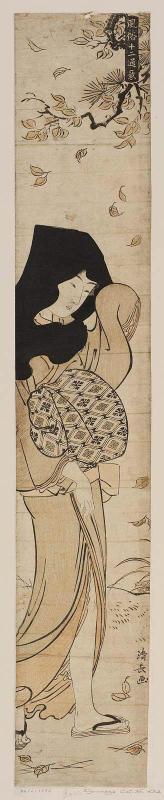 Woman in a Black Hood with Falling Leaves, from the series Twelve Scenes of Popular Customs (Fûzoku jûni tsui)
