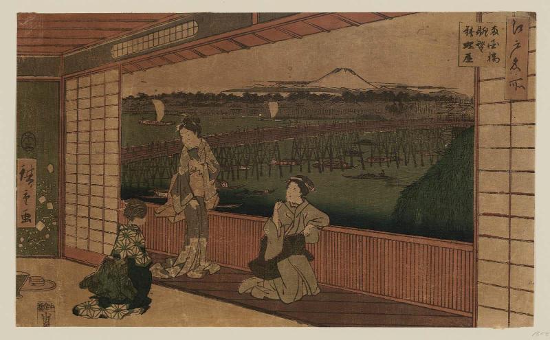 Restaurant with a Distant View of Ryôgoku Bridge (Ryôgoku-bashi chôbô ryôriya), from the series Famous Places in Edo (Edo meisho)
