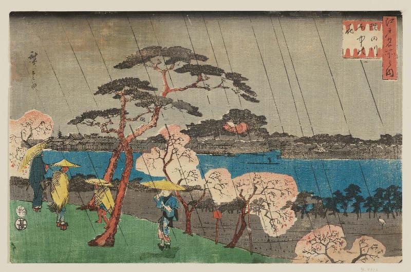 Cherry Blossoms in Rain along the Sumida River (Sumidagawa uchû no hana), from the series Famous Places in Edo (Edo meisho no uchi)