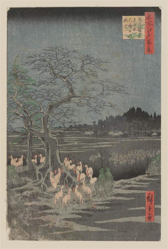 New Year's Eve Foxfires at the Changing Tree, Ôji (Ôji Shôzoku enoki Ômisoka no kitsunebi), from the series One Hundred Famous Views of Edo (Meisho Edo hyakkei)