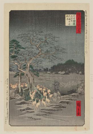 Reproduction of: New Year's Eve Foxfires at the Changing Tree, Ôji (Ôji Shôzoku enoki Ômisoka no kitsunebi), from the series One Hundred Famous Views of Edo (Meisho Edo hyakkei)