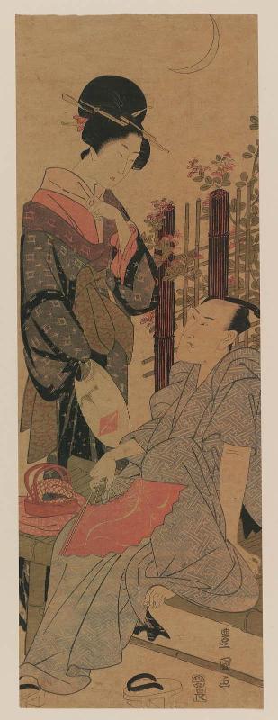 Actor Bandô Mitsugorô III with a Woman, in Summer under a Crescent Moon