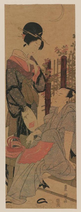 Actor Bandô Mitsugorô III with a Woman, in Summer under a Crescent Moon