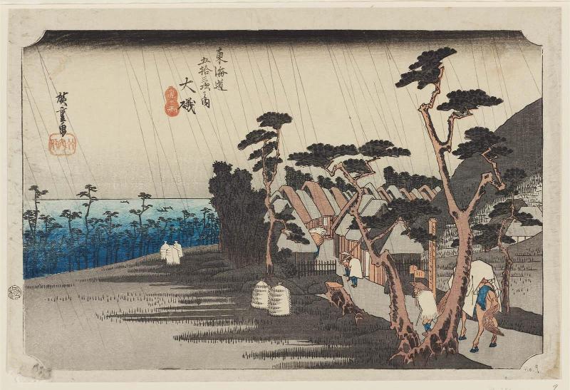 Ôiso: Tora's Rain (Ôiso, Tora ga ame), from the series Fifty-three Stations of the Tôkaidô Road (Tôkaidô gojûsan tsugi no uchi), also known as the First Tôkaidô or Great Tôkaidô