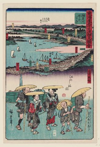 Kanagawa: Pilgrimage to Enoshima, Blind Men Going to the Benten Shrine (Enshima môde, môjin Benten mairi), from the series Pictorial Guide to the Fifty-three Stations of the Tôkaidô: Customs of the Road (Tôkaidô gojûsan tsugi saiken zue, dôchû fûzoku)