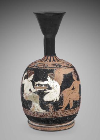 Oil flask (squat lekythos) with Eros, a man, and a woman