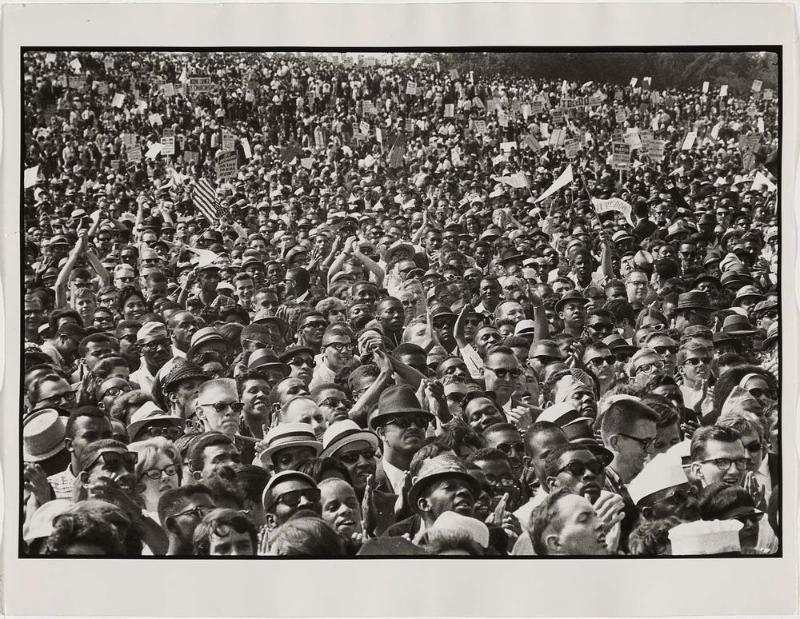 Enthusiastic march participants as King speaks, Washington, D.C., 1963