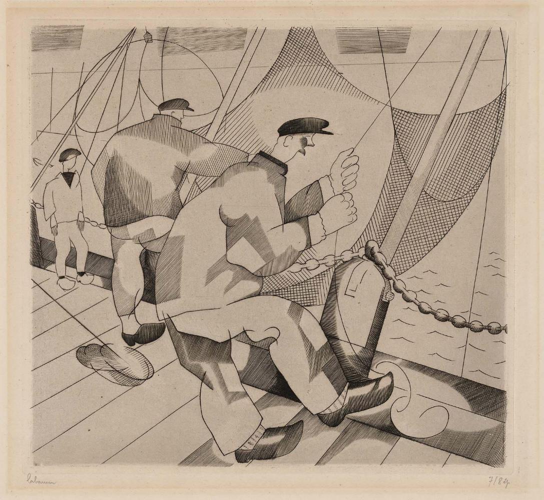 Three Fishermen with Nets on a Boat