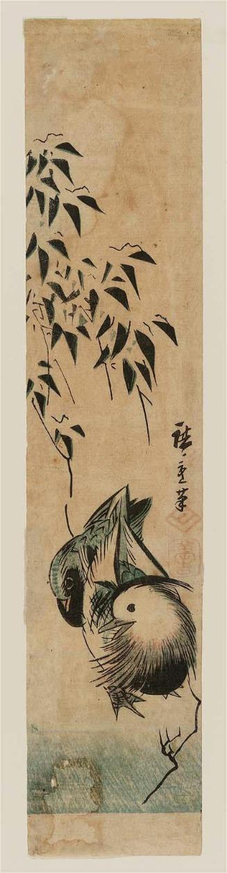 Mandarin Ducks under Snow-covered Bamboo