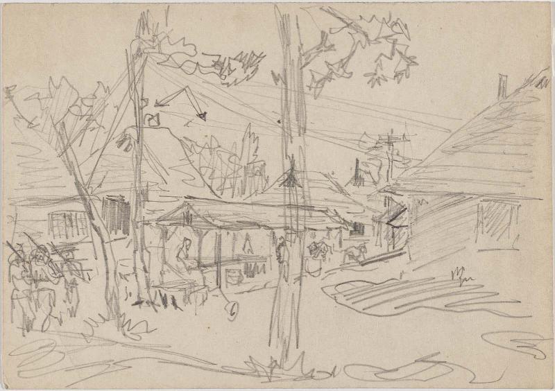 On front: Chinese pigs. On back: buildings, trees, and soldiers.