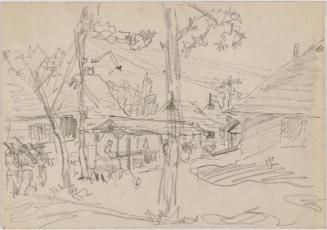 On front: Chinese pigs. On back: buildings, trees, and soldiers.