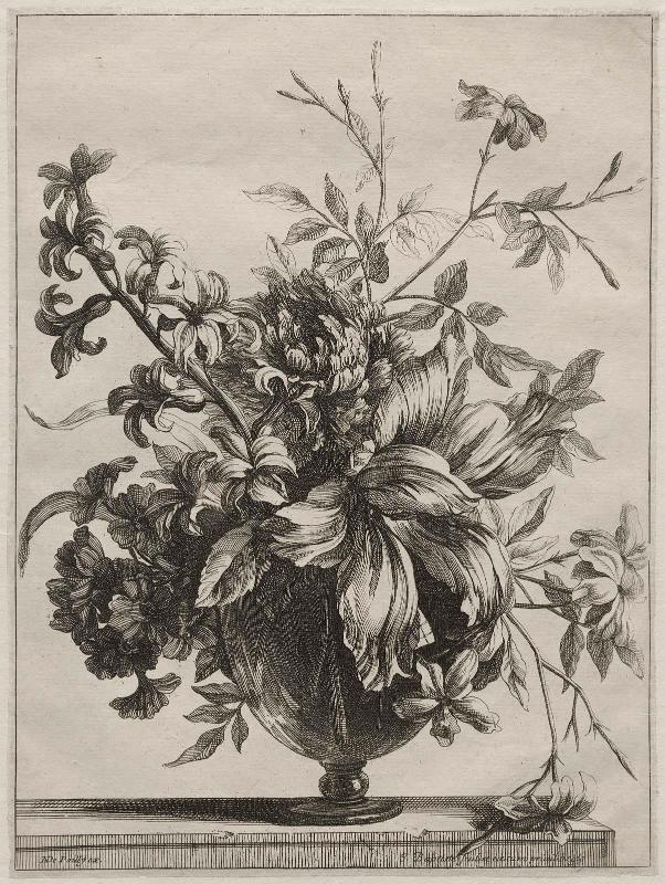 Tulips. anemones, hyacinths, lambs' ears and sprigs of jasmine, including one partly in-flower, which falls onto the console at right