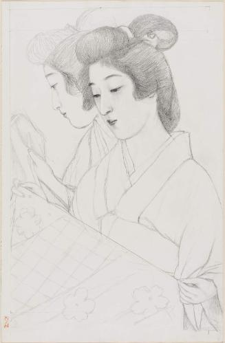 Two Views of Woman Holding Fabric