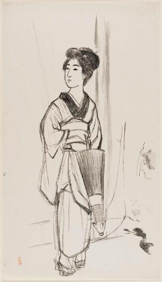 Standing Woman Holding Closed Umbrella, and Head of a Duck