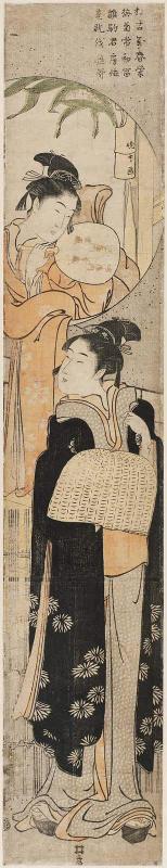 Woman Looking out a Round Window at a Woman with a Komusô Hat