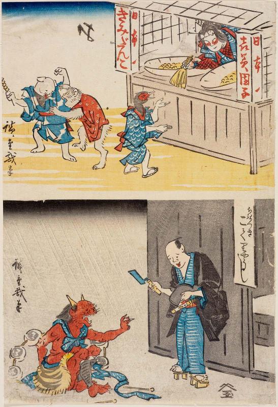 Momotarô Selling Dumplings (top), Fallen Thunder God (bottom), from an untitled series of humorous prints