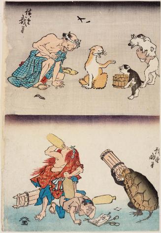Sick Man and Dogs (above); Turtle and Shôjô Stealing Sake (below), from an untitled series of humorous prints