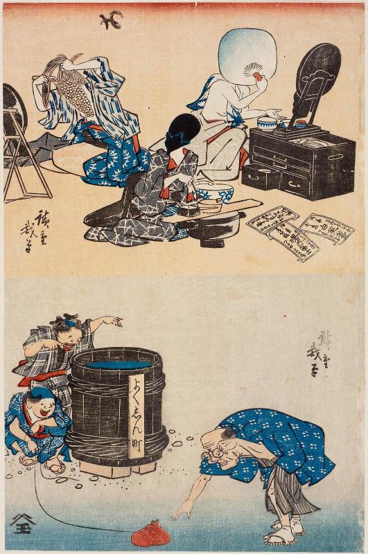Vegetables Applying Makeup (top); Boys Playing a Trick on a Greedy Man (bottom), from an untitled series of humorous prints
