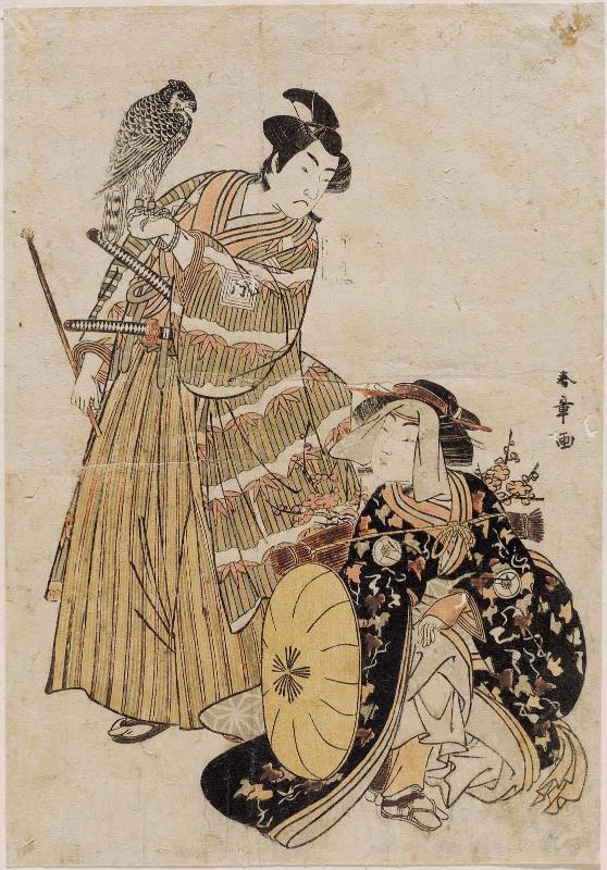Actors Iwai Hanshirô IV as a Country Girl and Ichikawa Monnosuke II as Ôdate Samanosuke