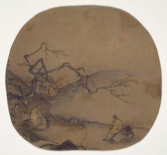 Scholars conversing beneath blossoming plum tree