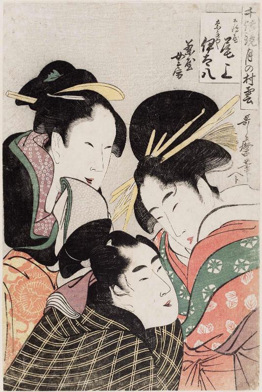 Tsuruya Onoe, Naraya Idahachi, and the Mistress of the Teahouse (Chaya nyôbô), from the series Models of Love Talk: Clouds Form over the Moon (Chiwa kagami tsuki no murakumo)