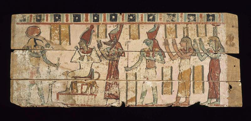 Coffin panel: enthroned Osiris and his entourage