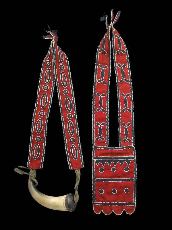 Powder horn with strap and shot pouch