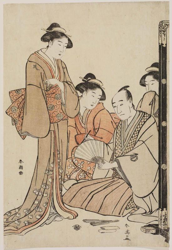 Actor Sawamura Sôjûrô III (by Shun'ei) Inscribing a Fan for Three Women (by Shunchô)