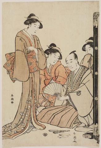 Actor Sawamura Sôjûrô III (by Shun'ei) Inscribing a Fan for Three Women (by Shunchô)