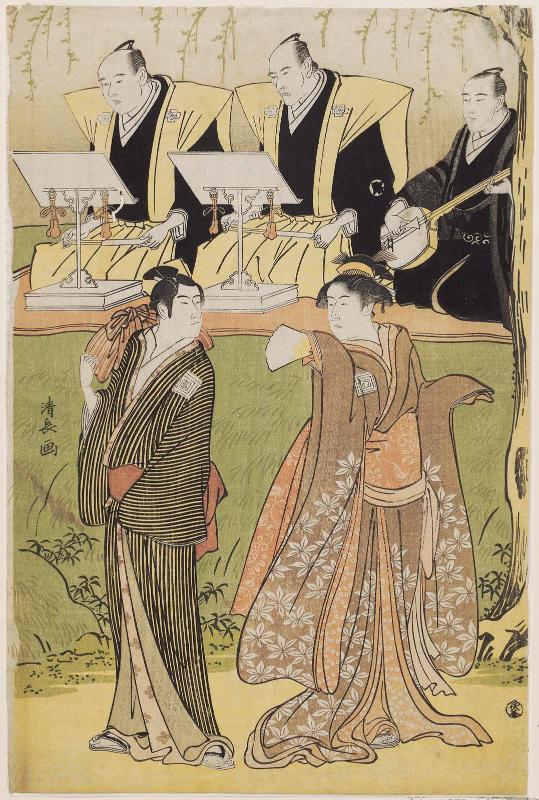 Actors Ichikawa Monnosuke II as Osome and Ichikawa Komazô III as Hisamatsu, with chanters Tokiwazu Mojitayû and Tokiwazu Mikitayû, and accompanist Tobaya Richô