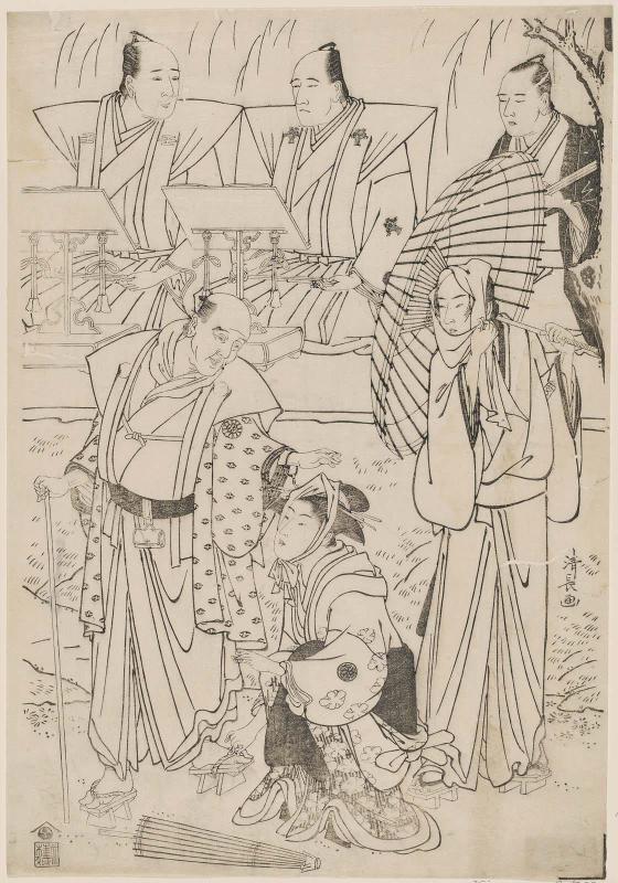 Actors Bandô Matakurô as Chûbei, Osagawa Tsuneyo II as Umegawa, and Nakamura Katsugorô as Magoemon, with chanters Tomimoto Buzendayû and Tomimoto Itsukidayû and accompanist Namisaki Tokuji