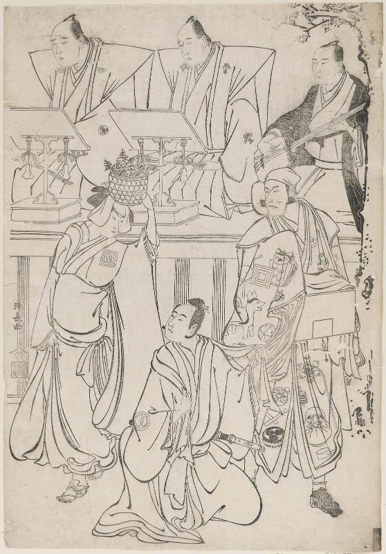 Actors Sawamura Sôjûrô III as Soga no Jûrô, Ichikawa Yaozô III as the Ghost of Shiragiku, and Ichikawa Danjûrô V as Deku Rokubei, with chanters Tomimoto Buzendayû and Tomimoto Itsukidayû and accompanist Namisaki Tokuji