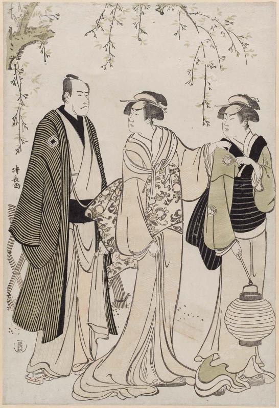 Actors Nakamura Rikô as the Geisha Otsuma of Tanbaya and Ichikawa Danjûrô V as Koguya Yahei, with an unidentified actor as the maid