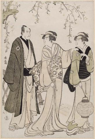 Actors Nakamura Rikô as the Geisha Otsuma of Tanbaya and Ichikawa Danjûrô V as Koguya Yahei, with an unidentified actor as the maid