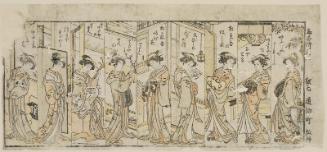 Courtesans, from right: Ureshino of the Ômiya, Nioteru of the Ôgiya, Matsushima of the Matsubaya, Mitsunotsu of the Ôbishiya, Agemaki of the Matsuganeya, Senzan of the Chôjiya, Handayû of the Naka-Ômiya, Sugawara of the Tsuruya, Miyakoji of the Naka-Ômiya