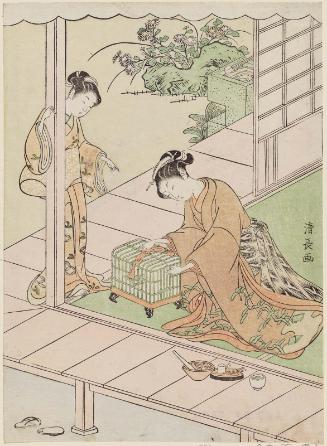 Young Woman and Girl Feeding Caged Warbler