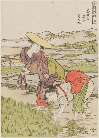 No. 4, Pulling Rice Seedlings from the Seedling Bed (Nawashiro no nae o hiku tokoro),  from the series Women Farming (Onna kôsaku)