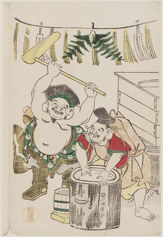 Daikoku and Ebisu Pounding Mochi at New Year